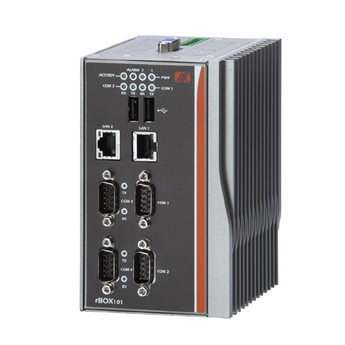 rBOX101-4COM Système informatique sans ventilateur Intel Atom Z510/520PT à montage DIN avec 4 COM (avant)